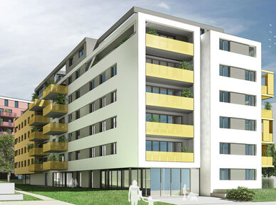 Visualisierung des Wohnprojekts Viola Park, Bauplatz 3, des Bauträgers AEAG im 10. Bezirk, mit Blick auf das grüne Band