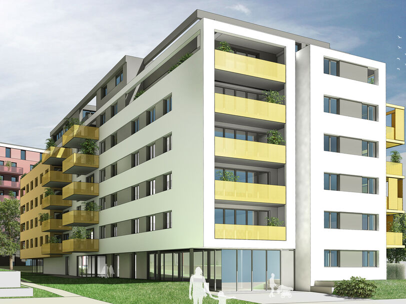Visualisierung des Wohnprojekts Viola Park, Bauplatz 3, des Bauträgers AEAG im 10. Bezirk, mit Blick auf das grüne Band