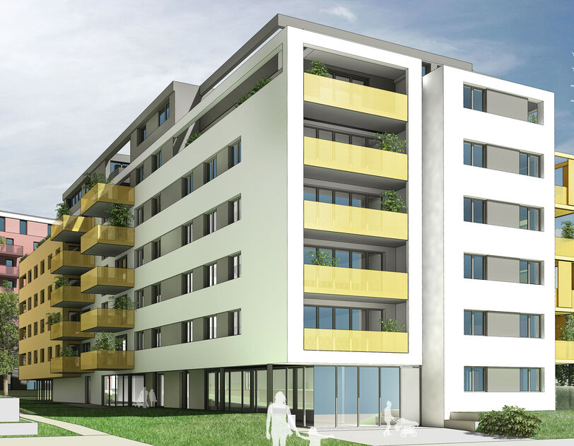 Visualisierung des Wohnprojekts Viola Park, Bauplatz 3, des Bauträgers AEAG im 10. Bezirk, mit Blick auf das grüne Band