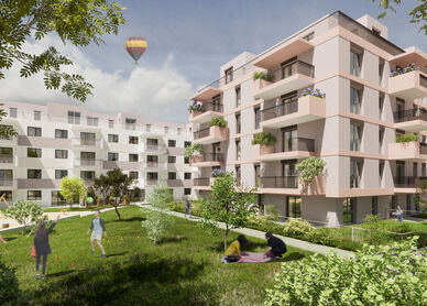 Visualisierung der Hofansicht eines Wohnprojekts im 23. Bezirk in der Mackgasse 7-13