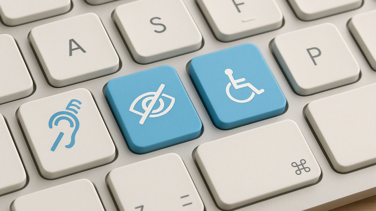 Tastatur mit drei blauen Tasten, die Symbole für Hörbehinderung, Sehbehinderung und Rollstuhlnutzung zeigen