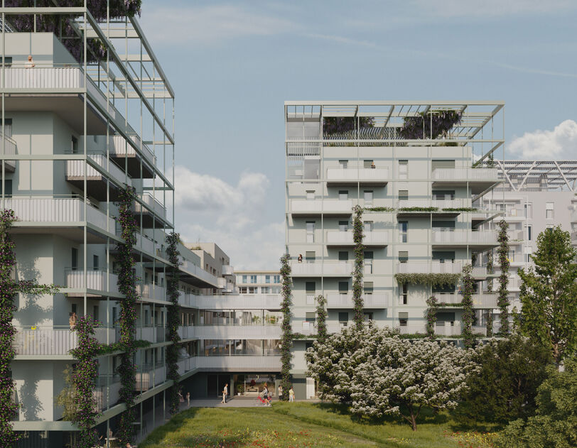 Visualisierung eines Wohnprojekts mit weißer Fassade und vertikaler Begrünung
