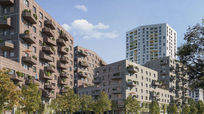 Visualisierung eines Wohnprojekts mit privaten Freiflächen