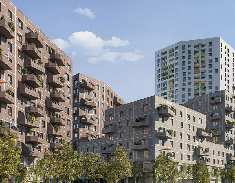 Visualisierung eines Wohnprojekts mit privaten Freiflächen