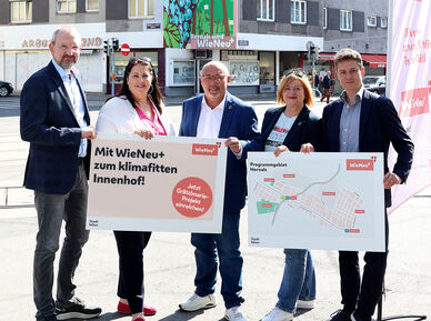 Drei Männer und zwei Frauen halten zwei Schilder mit den Inhalten "Mit Wien Neu+ zum klimafitten Innenhof" und einem Plan des Grätzls. Die fünf Personen sehen freundlich in die Kamera. Im Hintergrund ist eine Straßenkreuzung mit Schienen und vorbeifahrenden Autos zu erkennen.