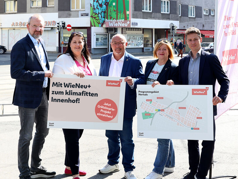 Drei Männer und zwei Frauen halten zwei Schilder mit den Inhalten "Mit Wien Neu+ zum klimafitten Innenhof" und einem Plan des Grätzls. Die fünf Personen sehen freundlich in die Kamera. Im Hintergrund ist eine Straßenkreuzung mit Schienen und vorbeifahrenden Autos zu erkennen.