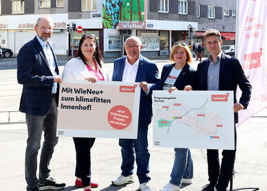 Drei Männer und zwei Frauen halten zwei Schilder mit den Inhalten "Mit Wien Neu+ zum klimafitten Innenhof" und einem Plan des Grätzls. Die fünf Personen sehen freundlich in die Kamera. Im Hintergrund ist eine Straßenkreuzung mit Schienen und vorbeifahrenden Autos zu erkennen.