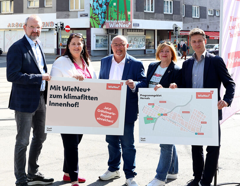 Drei Männer und zwei Frauen halten zwei Schilder mit den Inhalten "Mit Wien Neu+ zum klimafitten Innenhof" und einem Plan des Grätzls. Die fünf Personen sehen freundlich in die Kamera. Im Hintergrund ist eine Straßenkreuzung mit Schienen und vorbeifahrenden Autos zu erkennen.