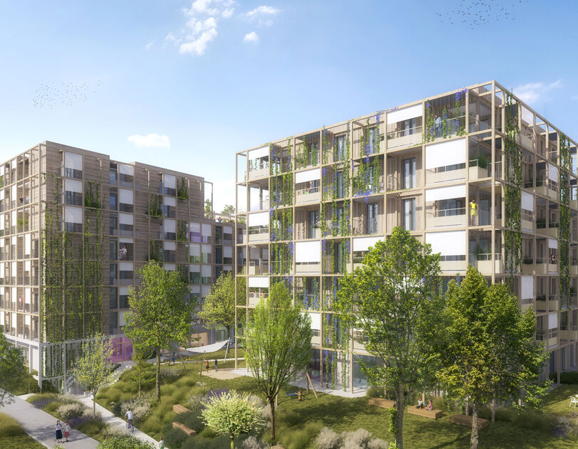 Süd-Perspektive der Visualisierung des Wohnprojekts Kurbadstraße BAG 5 des Bauträgers Gartenheim im 19. Bezirk - Gebäude mit Holz verkleidet und begrünt