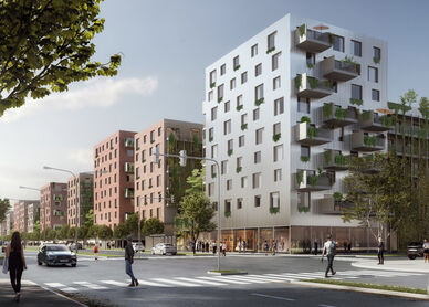 mehrere moderne Wohngebäude mit Balkonen und begrünten Fassaden an einer Straßenkreuzung mit Fußgängern und Autos
