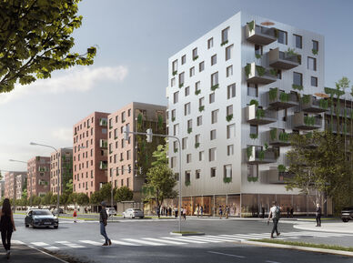 mehrere moderne Wohngebäude mit Balkonen und begrünten Fassaden an einer Straßenkreuzung mit Fußgängern und Autos