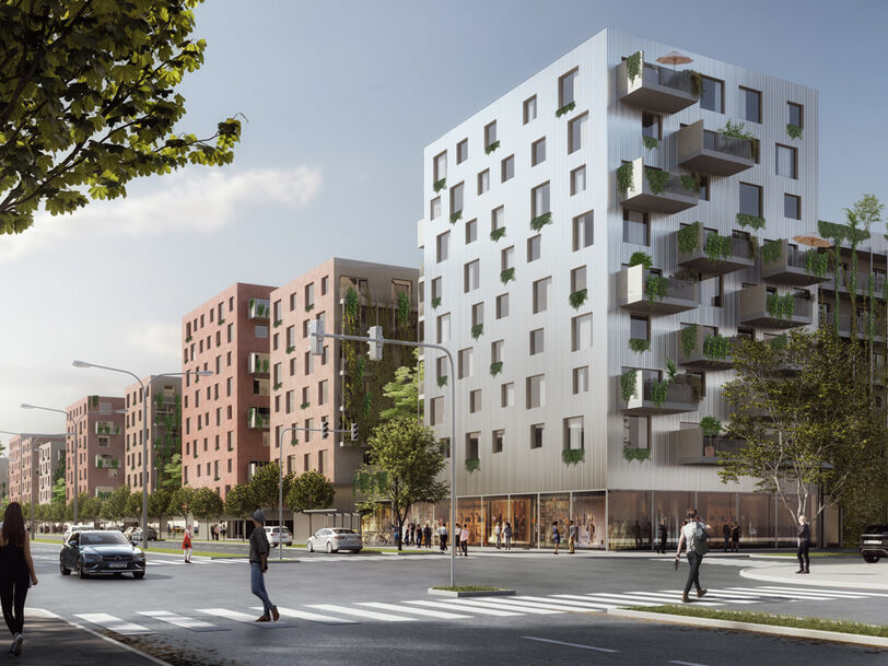 mehrere moderne Wohngebäude mit Balkonen und begrünten Fassaden an einer Straßenkreuzung mit Fußgängern und Autos
