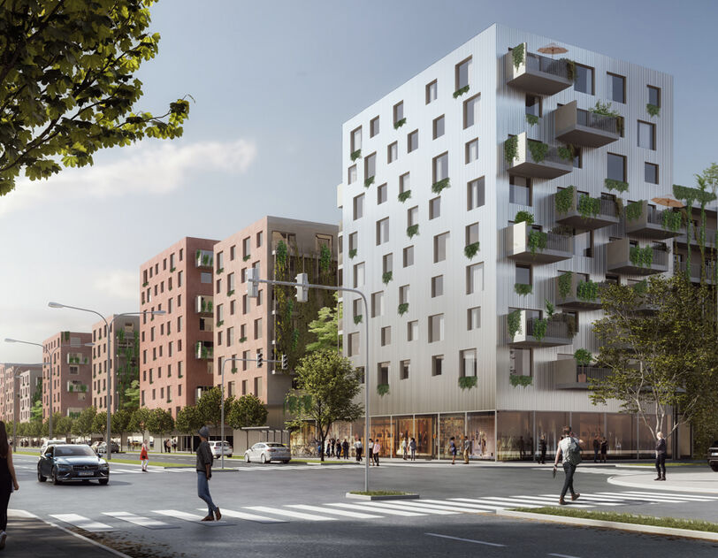 mehrere moderne Wohngebäude mit Balkonen und begrünten Fassaden an einer Straßenkreuzung mit Fußgängern und Autos