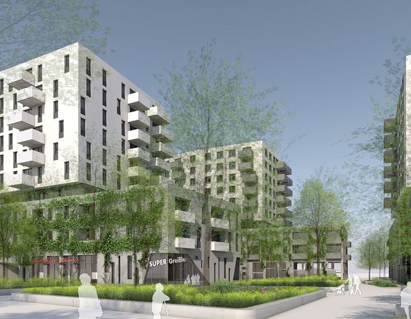 Visualisierung eines Wohnprojekts mit weißer Fassade, Grünflächen und Supergreißler