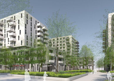 Visualisierung eines Wohnprojekts mit weißer Fassade, Grünflächen und Supergreißler