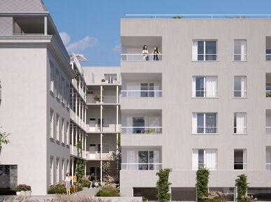 Visualisierung eines Hauses moderner Bauart mit Flachdach und Balkonen. Gepflasterter und begrünter Innenhof