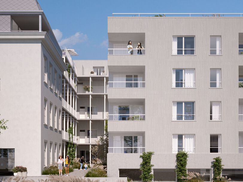 Visualisierung eines Hauses moderner Bauart mit Flachdach und Balkonen. Gepflasterter und begrünter Innenhof