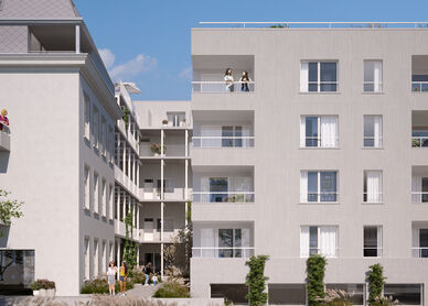 Visualisierung eines Hauses moderner Bauart mit Flachdach und Balkonen. Gepflasterter und begrünter Innenhof