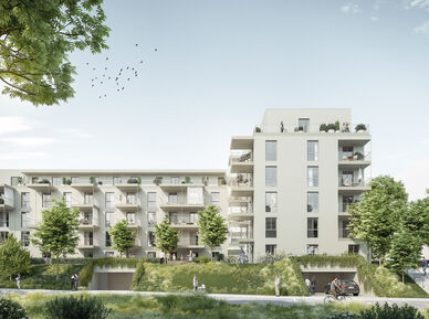 Außenansicht eines neuen Wohnhauses mit Flachdach, Balkonen und viel Grünraum davor