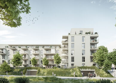 Außenansicht eines neuen Wohnhauses mit Flachdach, Balkonen und viel Grünraum davor