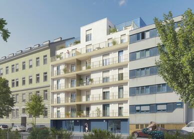 Zu sehen ist eine Visualisierung des Wohnprojekts mit heller Fassade.