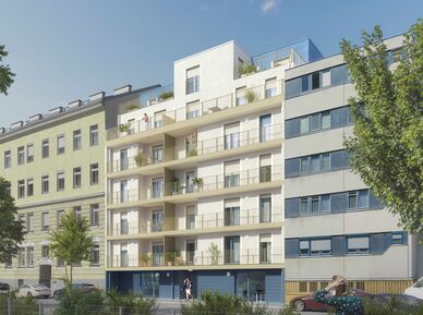 Zu sehen ist eine Visualisierung des Wohnprojekts mit heller Fassade.