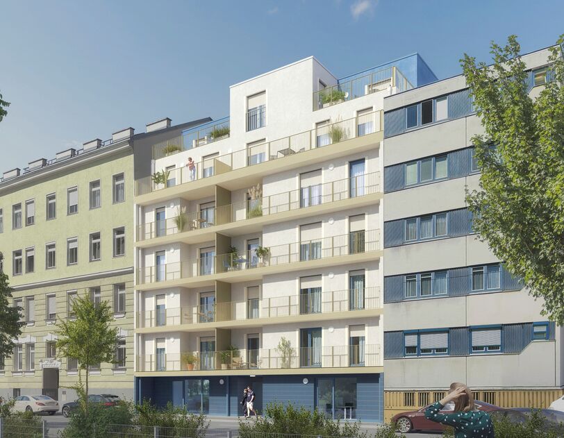 Zu sehen ist eine Visualisierung des Wohnprojekts mit heller Fassade.
